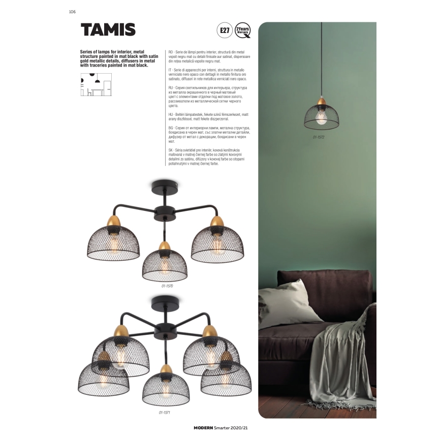 Redo 01-1573 - TAMIS rippvalgusti kaabliga 3xE27/42W/230V läbimõõt 59 cm must