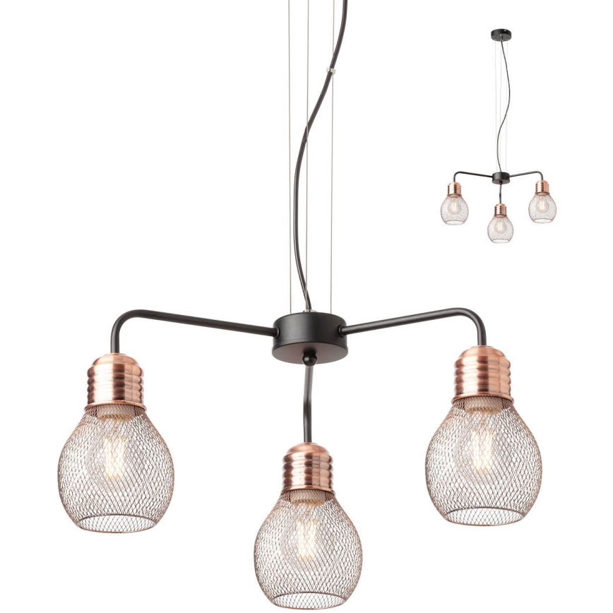 Redo 01-1579 - Ripplamp juhtmega EDISON 3xE27/42W/230V, läbimõõt 53 cm, must/vaskne