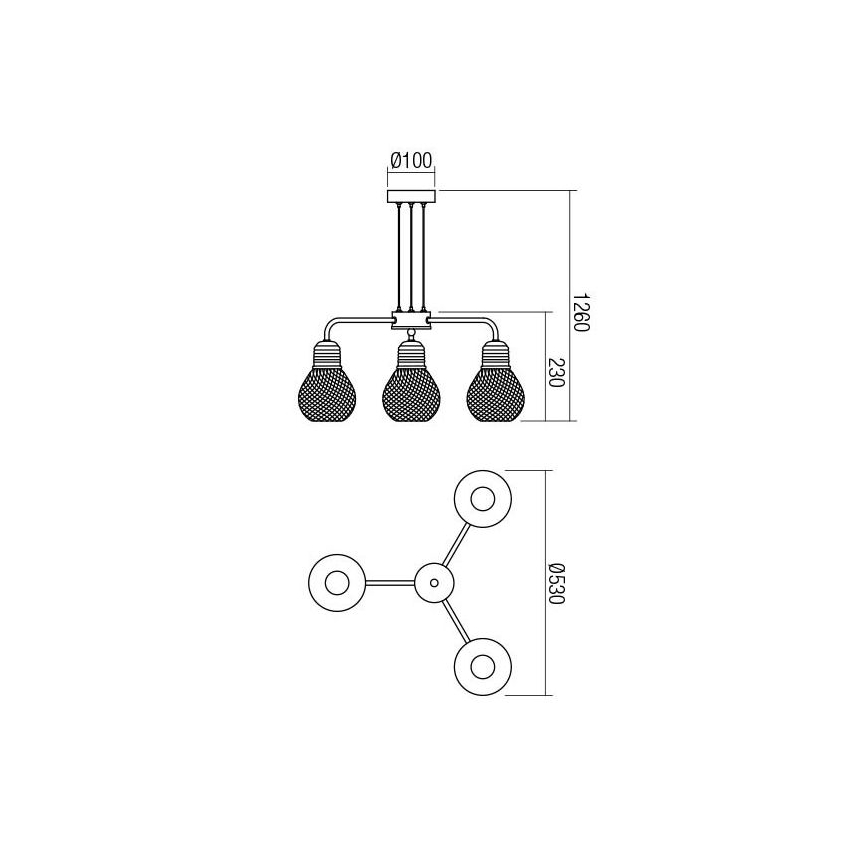 Redo 01-1579 - Ripplamp juhtmega EDISON 3xE27/42W/230V, läbimõõt 53 cm, must/vaskne