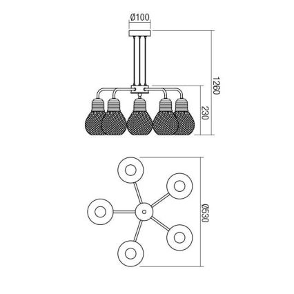 Redo 01-1580 - EDISON ripplühter kaabliga, 5x E27, maks. 42 W, 230 V, Ø 53 cm, must/vasest