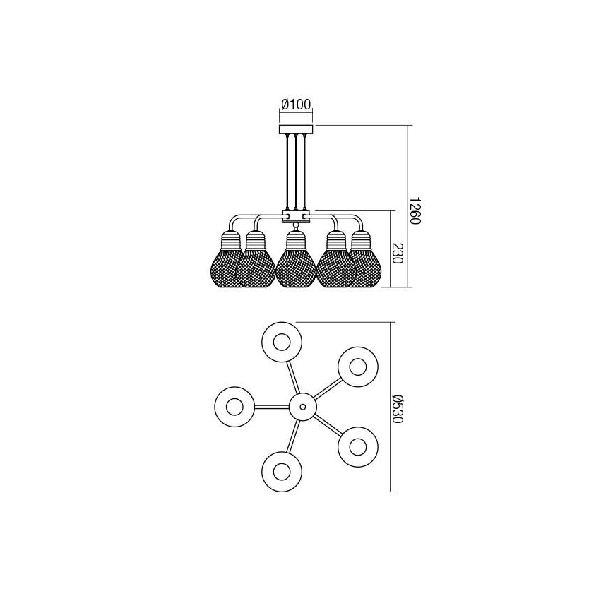 Redo 01-1580 - EDISON ripplühter kaabliga, 5x E27, maks. 42 W, 230 V, Ø 53 cm, must/vasest