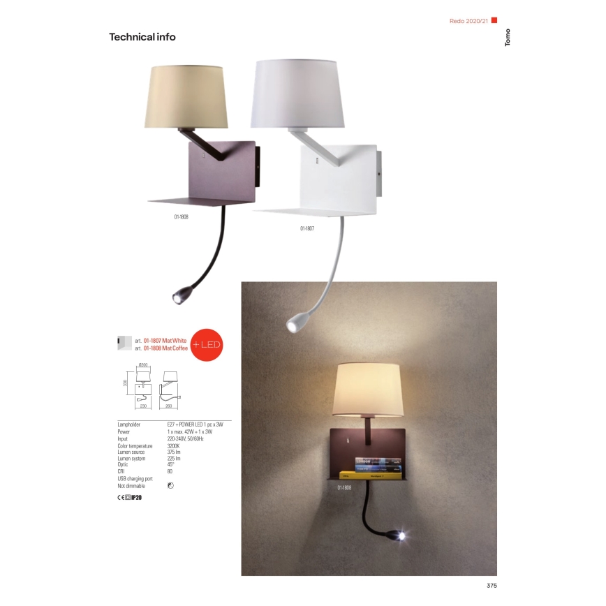 Redo 01-1807 - LED Seinavalgusti koos paindliku väikse lambiga TOMO 1xE27/42W/230V + LED/3W/230V valge