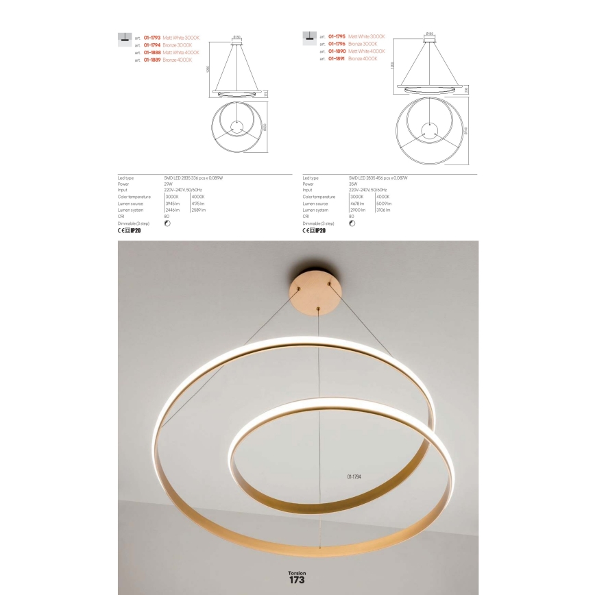 Redo 01-1889 - TORSION LED hämardatav rippvalgusti kaablil LED/29W/230V 4000K Ø 55 cm pronks