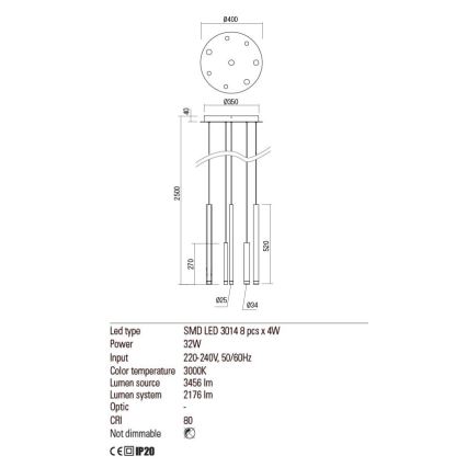 Redo 01-2050 - LED Lühter MADISON 8xLED/4W/230V kuldne