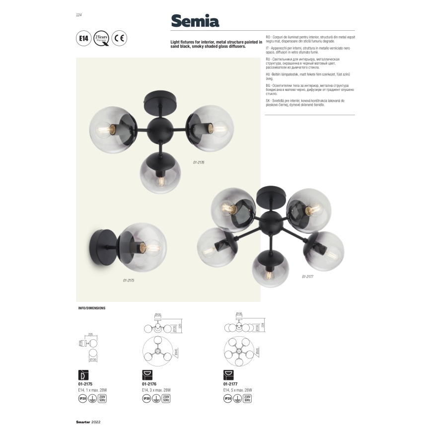 Redo 01-2175 - Seinavalgusti SEMIA 1xE14/28W/230V must/suitsune