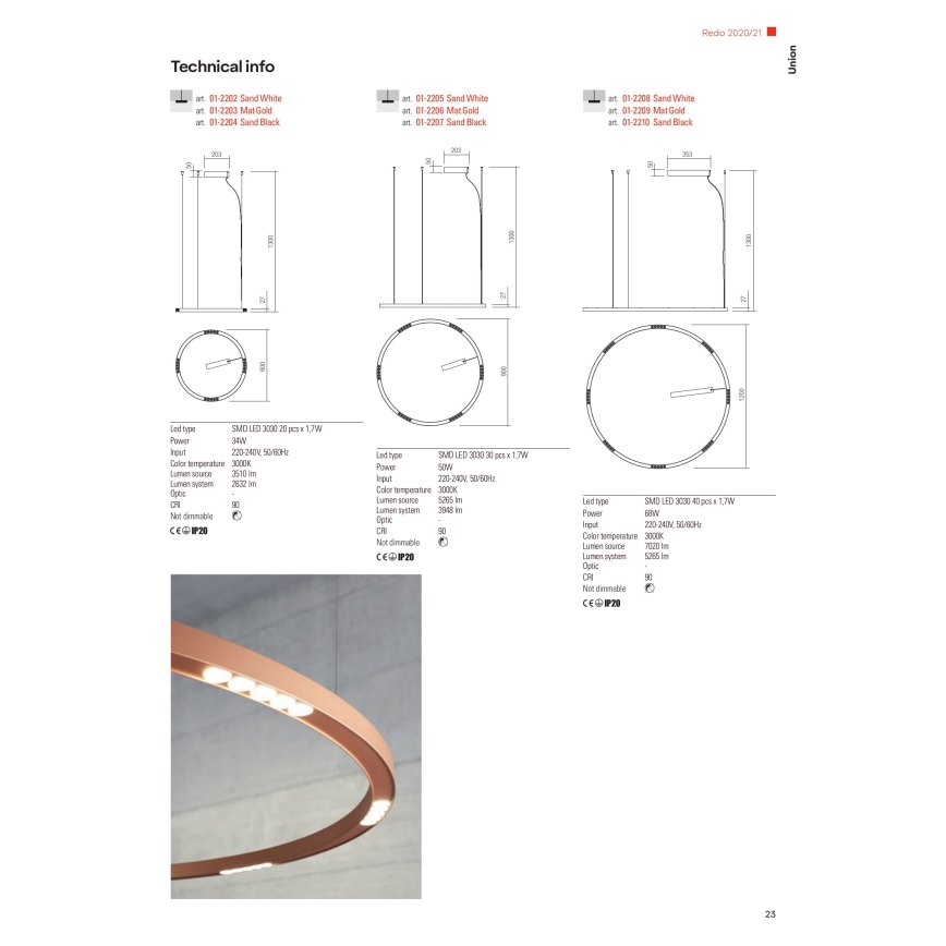 Redo 01-2207 - LED Lühter UNION LED/50W/230V CRI 90 3000K d. 90 cm must