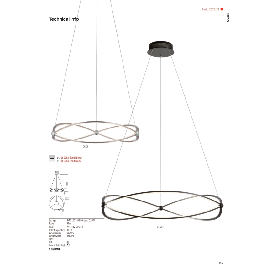 Redo 01-2254 - LED Hämardatav lühter QUARK LED/54W/230V 3000K d. 80 cm must