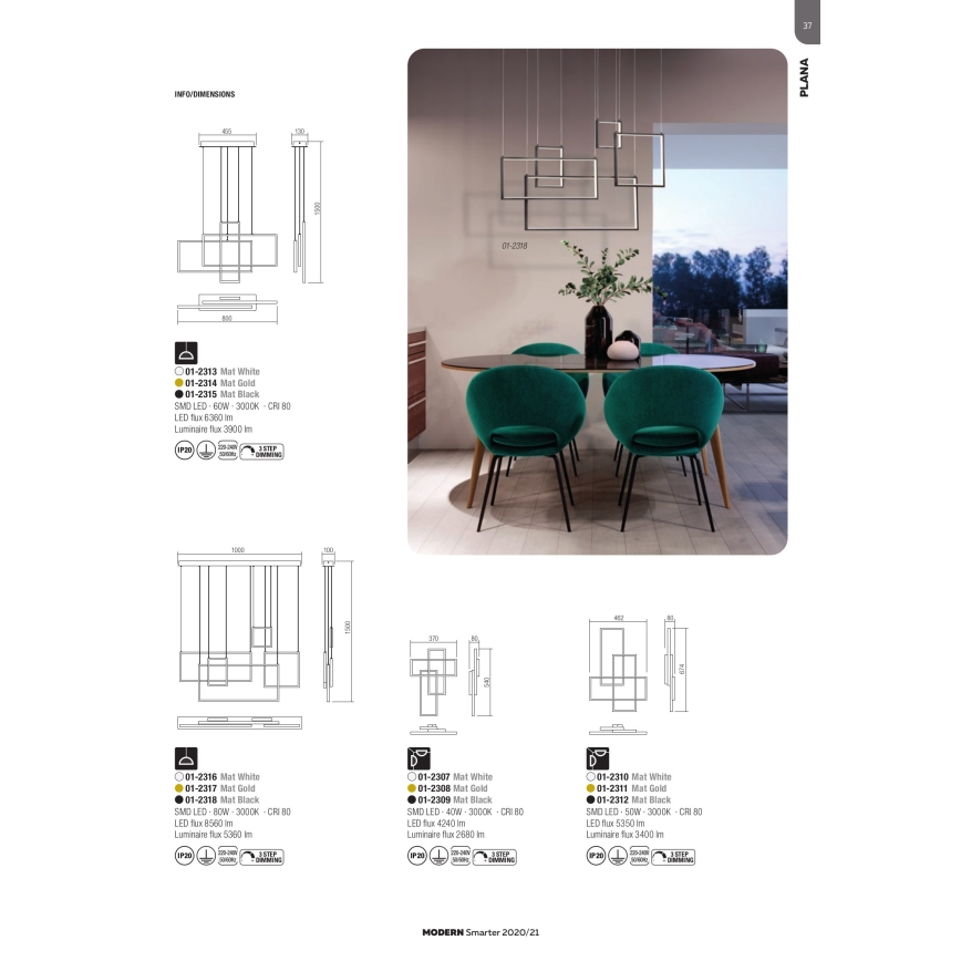 Redo 01-2314 - PLANA LED/60W/230V hämardatav rippvalgusti kaablil, kuldne
