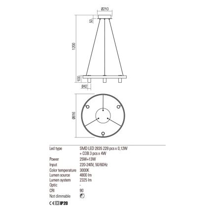 Redo 01-2490 - LED Lühter SUMMIT LED/38W/230V CRI 90 d. 61,6 cm kuldne