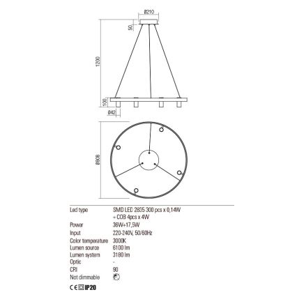 Redo 01-2492 - LED Lühter SUMMIT LED/53,5W/230V CRI 90 d. 80,8 cm kuldne