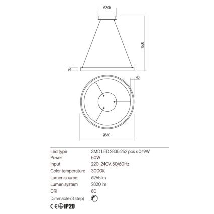 Redo 01-2674- LED Hämardatav lühter ICONIC LED/50W/230V d. 58 cm must