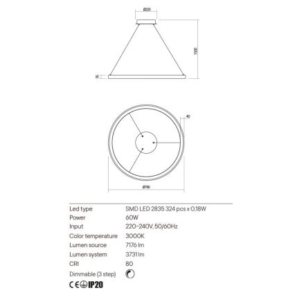 Redo 01-2676 - LED Hämardatav lühter ICONIC LED/60W/230V d. 78 cm kuldne