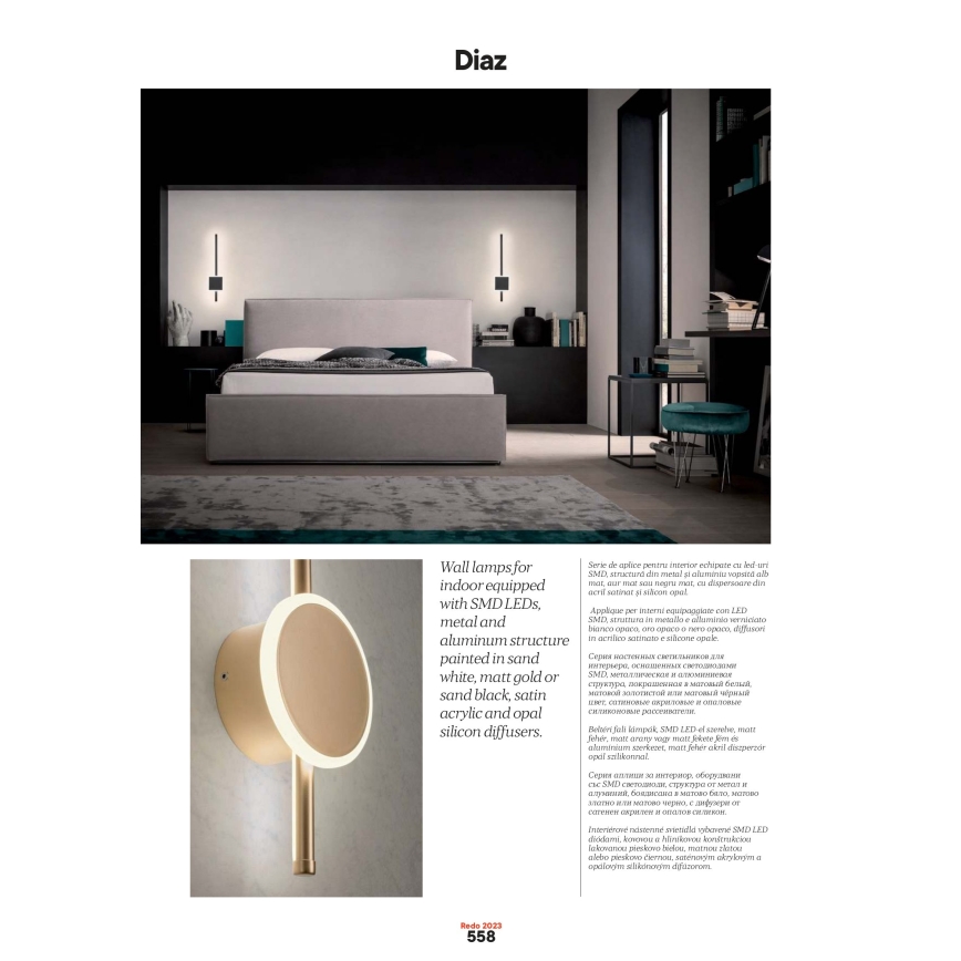 Redo 01-2697 - LED-seinavalgusti DIAZ, 20 W, 230 V, CRI 90, kuldne