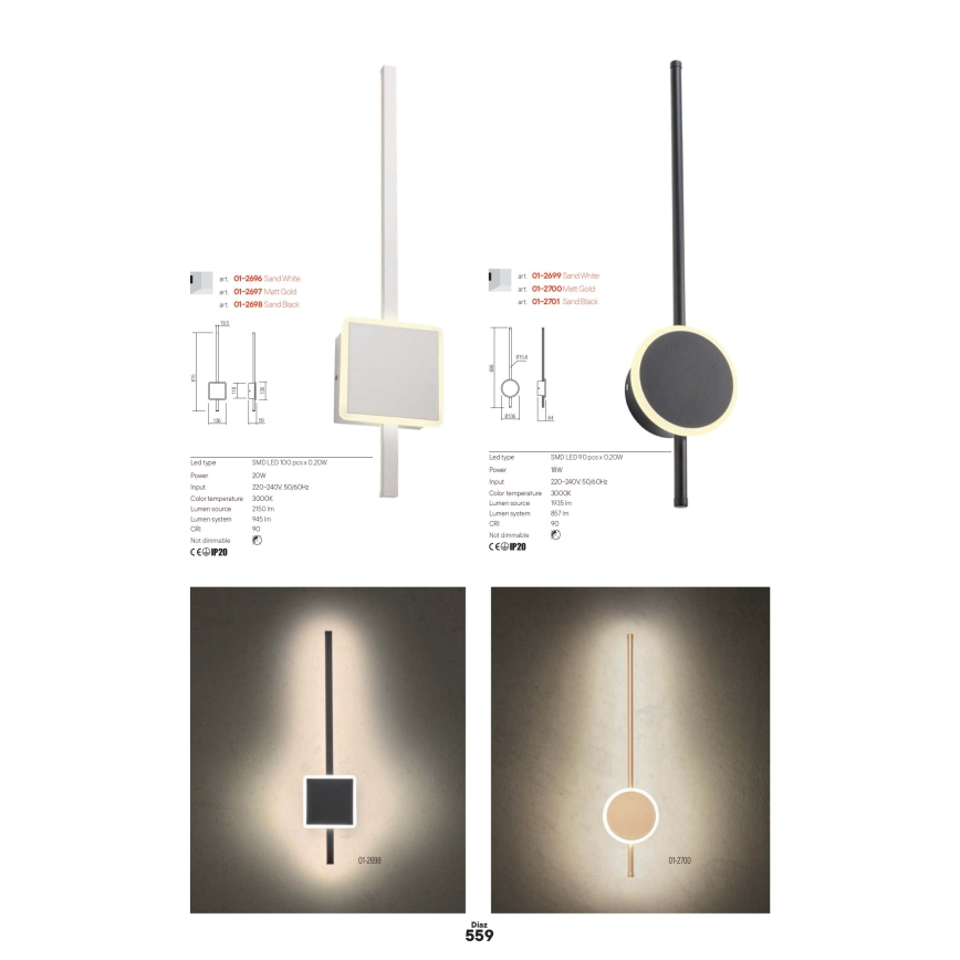 Redo 01-2697 - LED-seinavalgusti DIAZ, 20 W, 230 V, CRI 90, kuldne