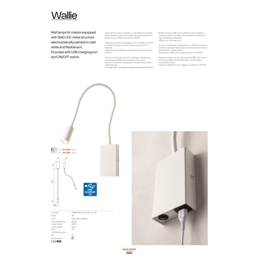 Redo 01-2755 - LED Paindlik väike lamp WALLIE LED/3W/230V USB CRI 90 must