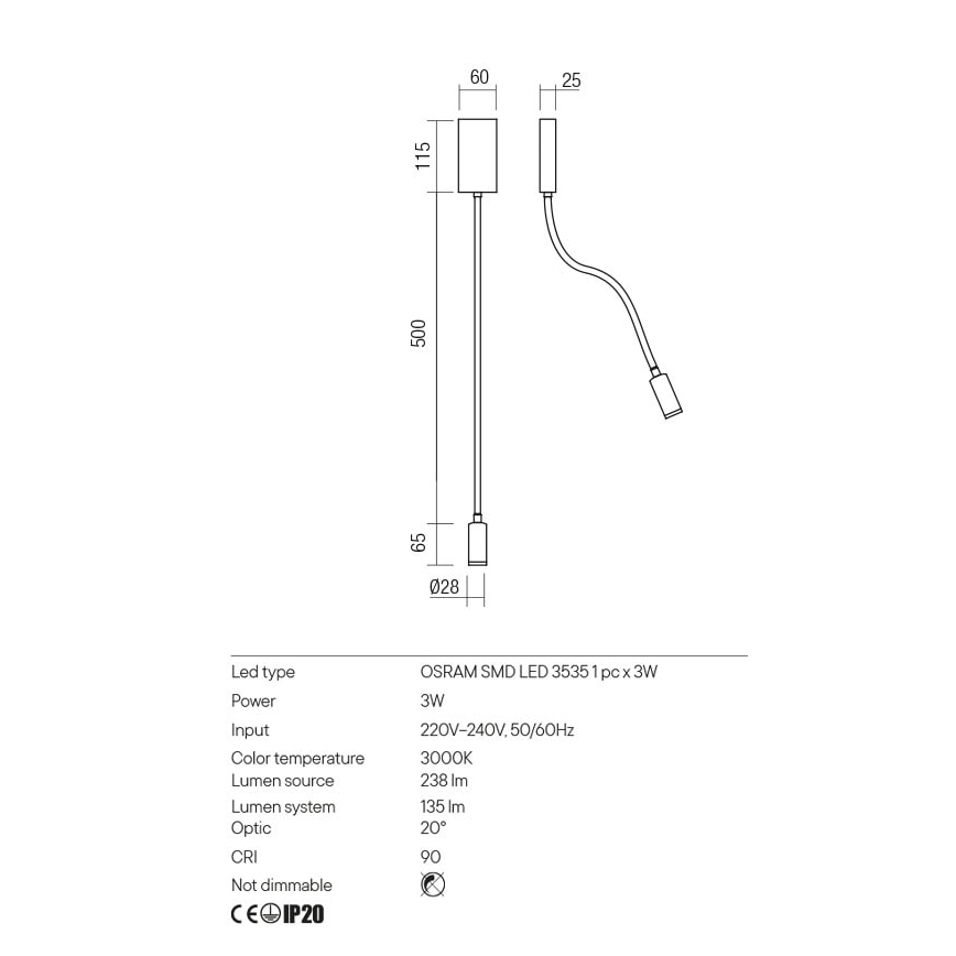 Redo 01-2755 - LED Paindlik väike lamp WALLIE LED/3W/230V USB CRI 90 must