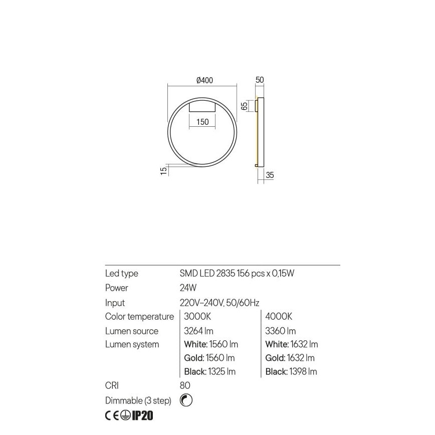 Redo 01-2819 - Hämardatav LED-seinavalgusti FEBE LED/24W/230V must