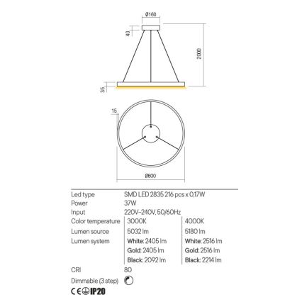 Redo 01-2865 - LED Hämardatav lühter FEBE LED/37W/230V kuldne