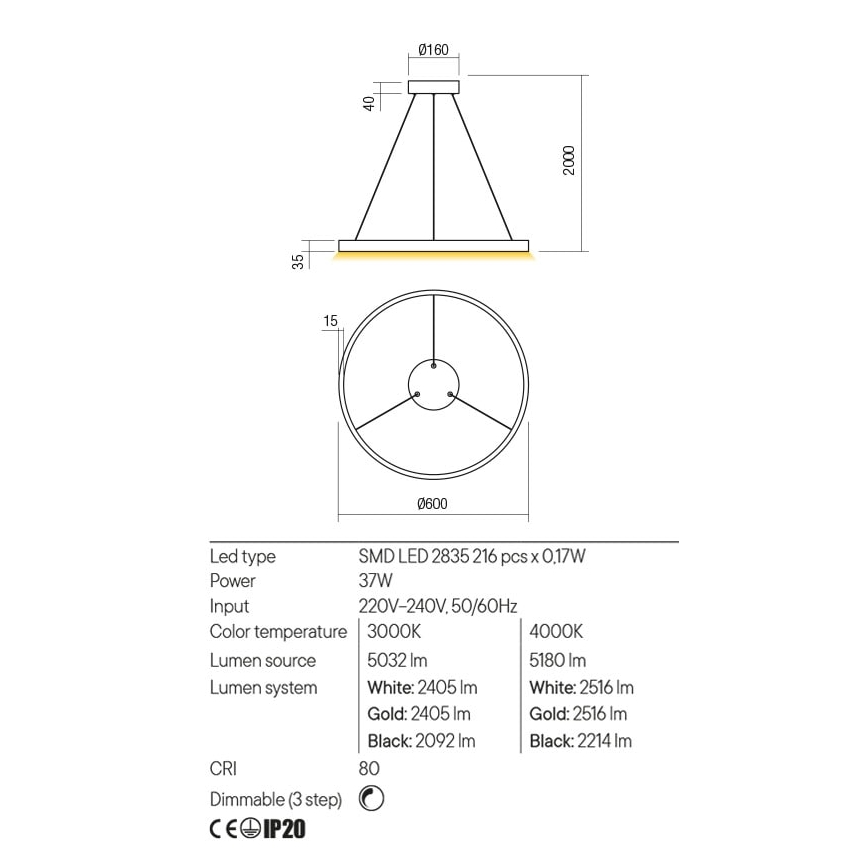 Redo 01-2865 - LED Hämardatav lühter FEBE LED/37W/230V kuldne