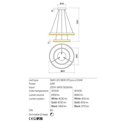 Redo 01-2889 - LED Hämardatav lühter FEBE LED/62W/230V kuldne