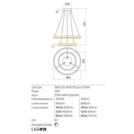 Redo 01-2889 - LED-hämardatav ripplühter kaabliga FEBE LED/62W/230V kuldne