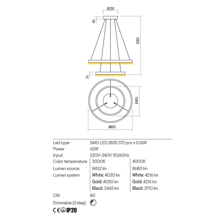 Redo 01-2889 - LED-hämardatav ripplühter kaabliga FEBE LED/62W/230V kuldne