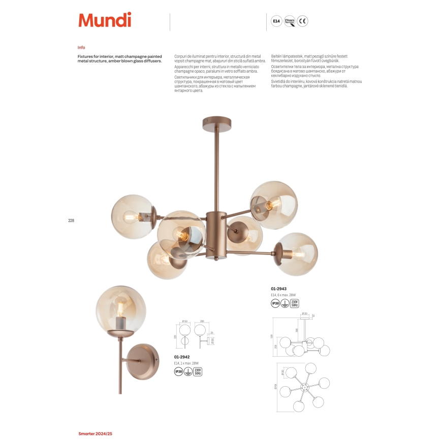 Redo 01-2942 - Seinavalgusti MUNDI 1xE14/28W/230V vask/suitsune