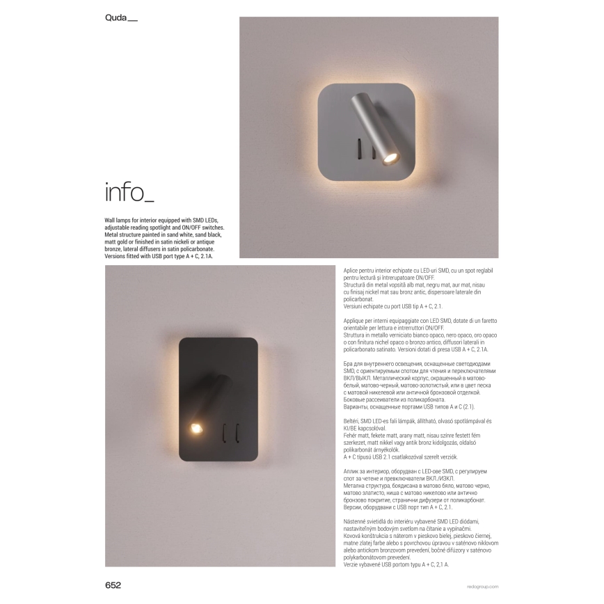 Redo 01-2978 - LED seinavalgusti QUDA LED/6W/230V + LED/3W 3000K CRI 90 USB mattkroom