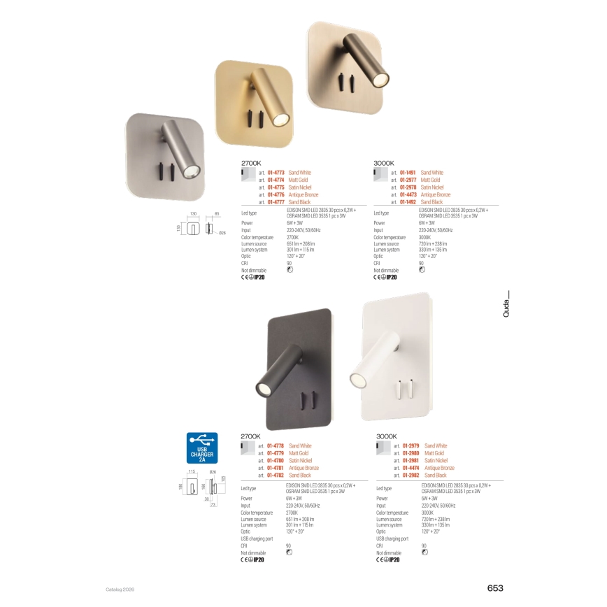 Redo 01-2978 - LED seinavalgusti QUDA LED/6W/230V + LED/3W 3000K CRI 90 mattkroom