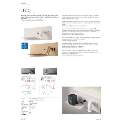 Redo 01-2985 - LED Kohtvalgusti seinale BROOK LED/8W/230V + LED/3W USB CRI 90 must vasak