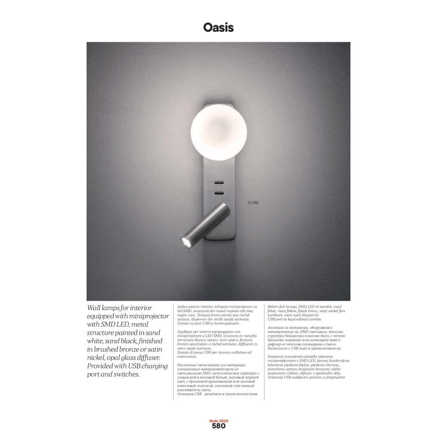 Redo 01-2992 - LED seinavalgusti OASIS LED/3W/230V + 1xG9/10W USB CRI 90 pronksviimistlusega