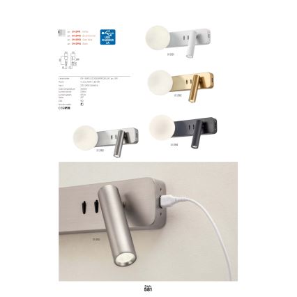 Redo 01-2993 - LED seinavalgusti OASIS LED/3W/230V + 1xG9/10W USB CRI 90 läikiv kroom