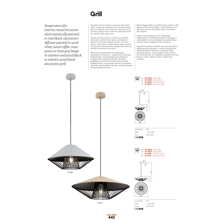 Redo 01-3004 - Rippvalgusti kaabliga GRILL 1xE27/42W/230V läbimõõt 39,6 cm must/valge