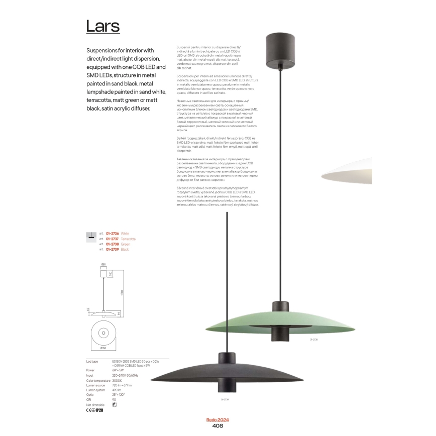 Redo 01-3021 - LARS LED-rippvalgusti kaablil LED/14W/230V + LED/10W Ø 60 cm CRI 90 must