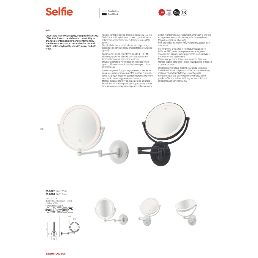 Redo 01-3088 - LED Hämardatav puutetundlik kosmeetikapeegel SELFIE LED/7W/230V 3000/4000/6000K must
