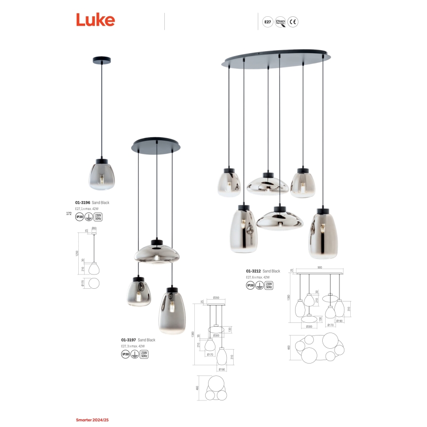 Redo 01-3197 - Lühter LUKE 3xE27/42W/230V d. 46 cm must