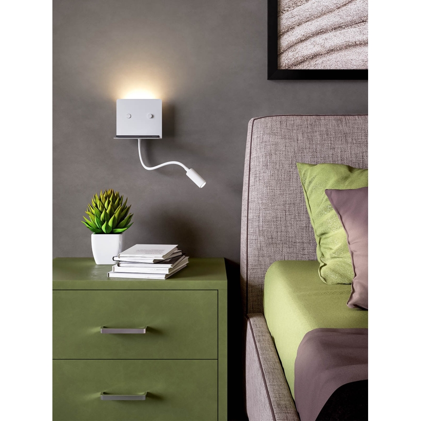 Redo 01-3210 - LED Seinavalgusti koos flexible väike lamp MOKA LED/6W + LED/3W/230V USB CRI90 valge