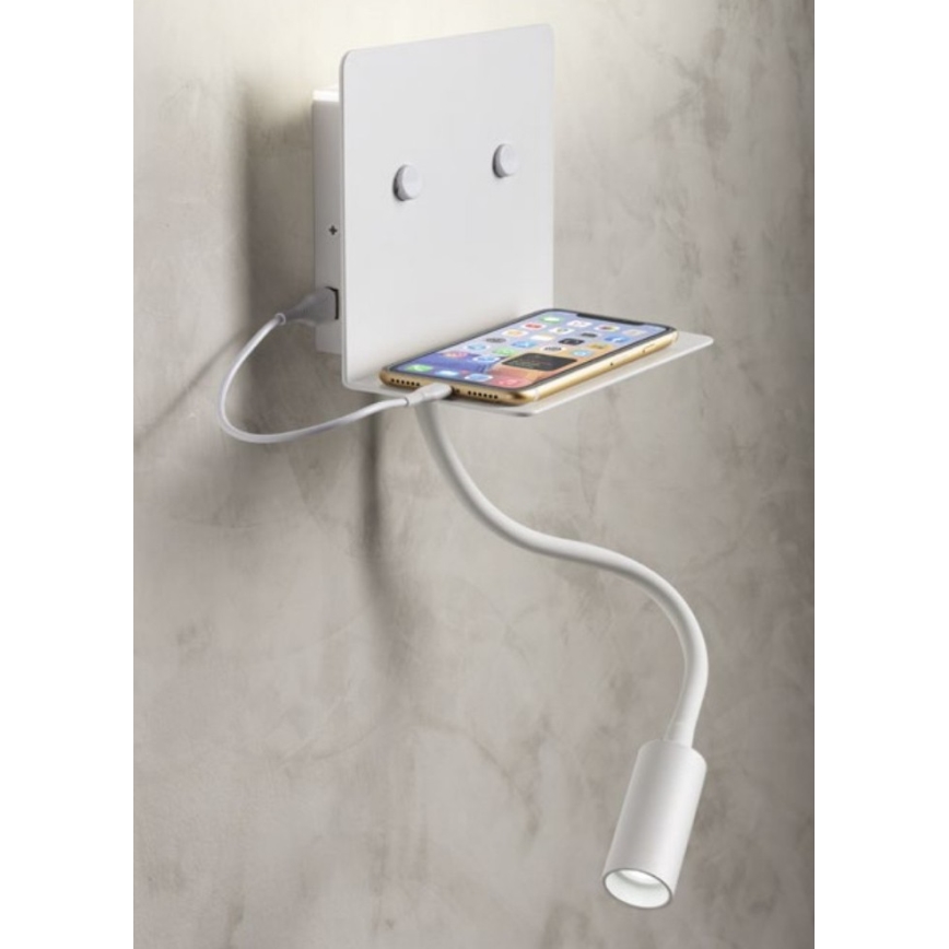 Redo 01-3210 - LED Seinavalgusti koos flexible väike lamp MOKA LED/6W + LED/3W/230V USB CRI90 valge