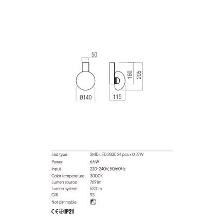 Redo 01-3239 - LED Seinavalgusti SINCLAIR LED/6,5W/230V CRI 93 IP21 kuldne