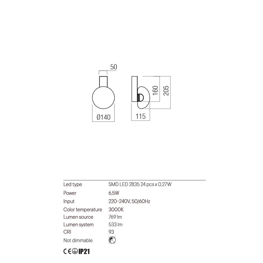 Redo 01-3240 - LED Seinavalgusti SINCLAIR LED/6,5W/230V CRI 93 IP21 must
