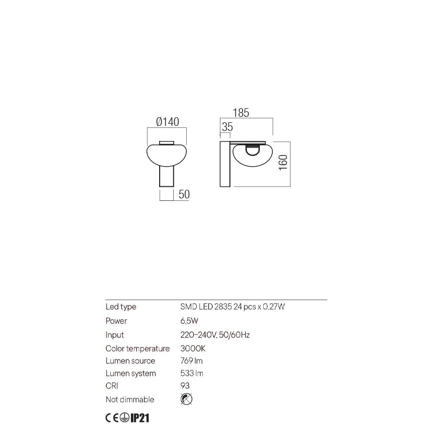 Redo 01-3241 - LED Seinavalgusti SINCLAIR LED/6,5W/230V CRI 93 IP21 kuldne