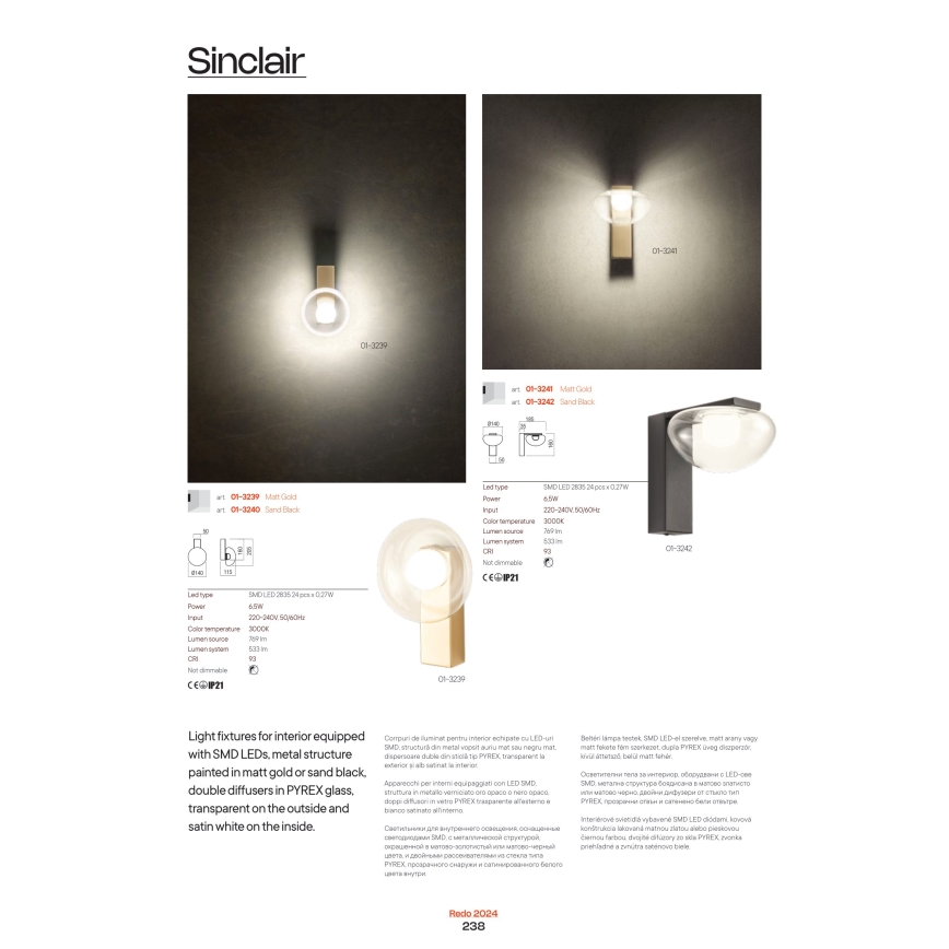 Redo 01-3242 - LED Seinavalgusti SINCLAIR LED/6,5W/230V CRI 93 IP21 must