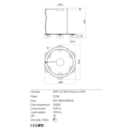 Redo 01-3247- LED Hämardatav lühter SINCLAIR LED/37,2W/230V CRI 93 IP21 kuldne