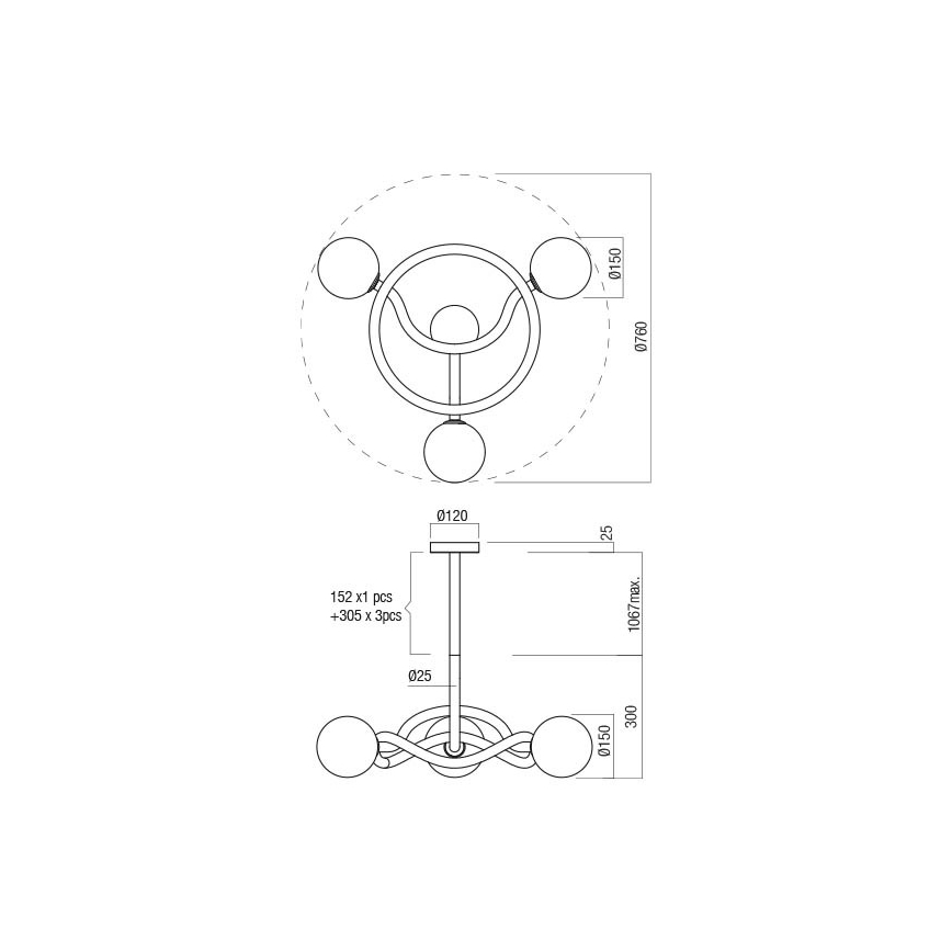 Redo 01-3257 - Laelühter varrega CONFUSIO 3xE14/28W/230V läbimõõt 76 cm must