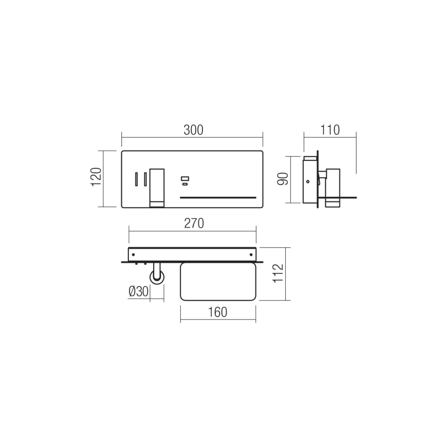 Redo 01-3316 - LED Kohtvalgusti seinale BROOK LED/8W/230V + LED/3W USB CRI 90 must parem