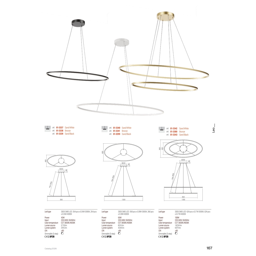 Redo 01-3342 - LED hämardatav rippvalgusti kaabliga LEO LED/115W/230V 3000/4000K CRI 90 60x130 cm valge