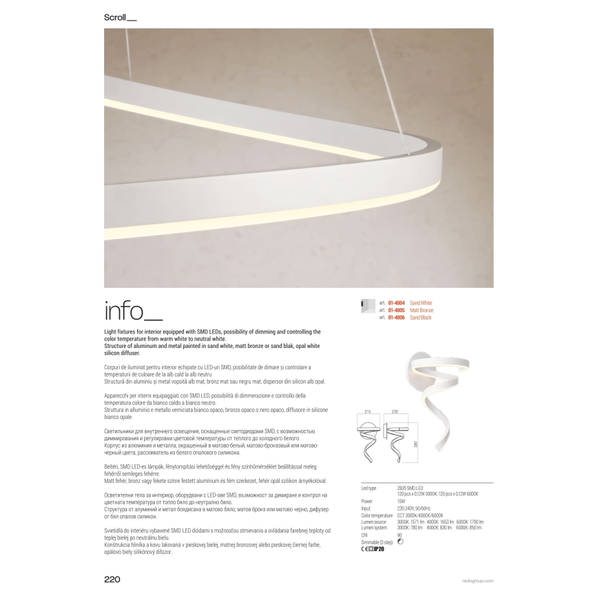 Redo 01-4014 - LED-hämardatav kaabliga ripplamp SCROLL LED/38W/230V 3000K/4000K/6000K CRI 90 läbimõõt 60 cm kuldne