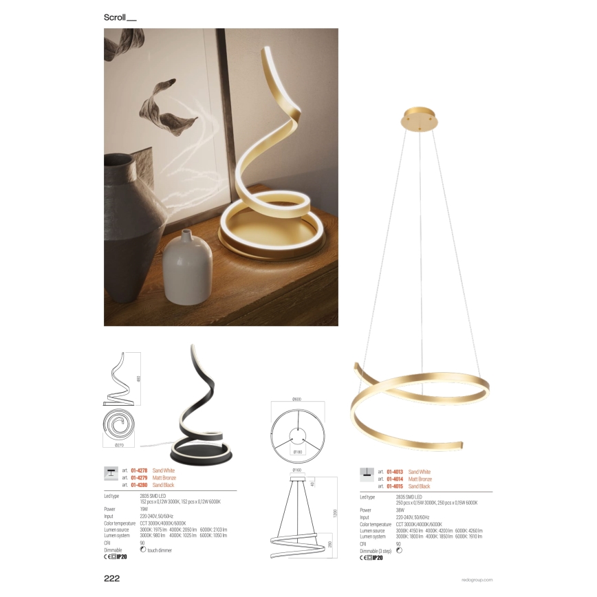 Redo 01-4015 - hämardatav rippvalgusti kaablil SCROLL LED/38W/230V 3000K/4000K/6000K CRI 90 Ø 60 cm must