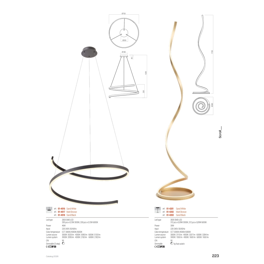 Redo 01-4283 - Hämardatav LED-põrandalamp SCROLL LED/30W/230V 3000K/4000K/6000K CRI 90 must