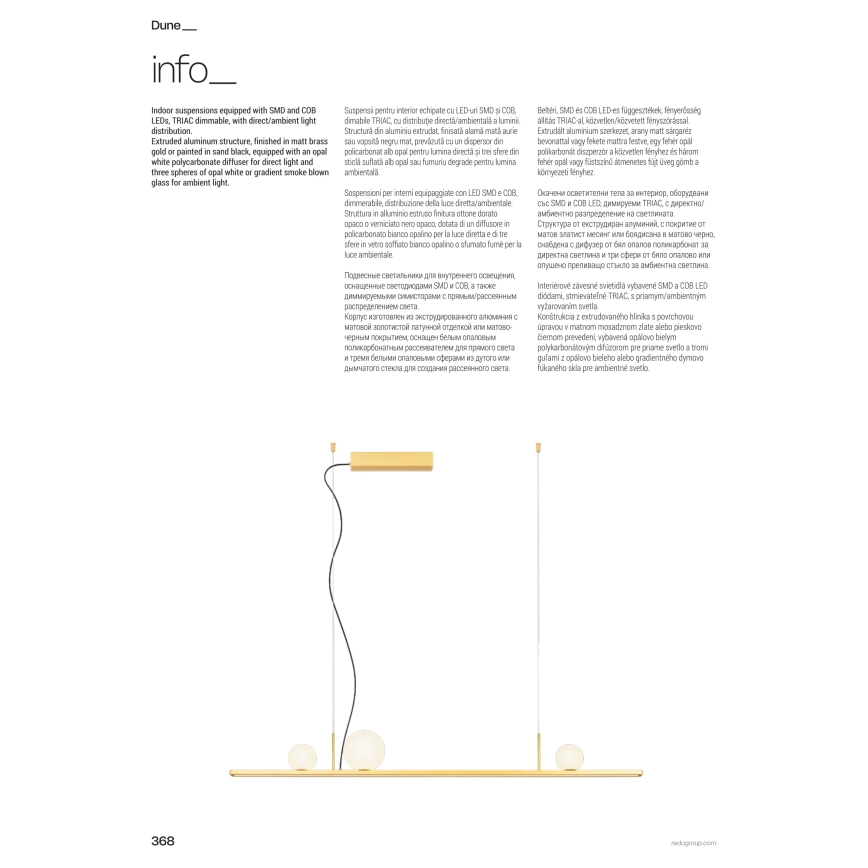 Redo 01-4301 - LED hämardatav rippvalgusti kaabliga DUNE LED/48W/230V 3000K CRI 90 valge/kuldne